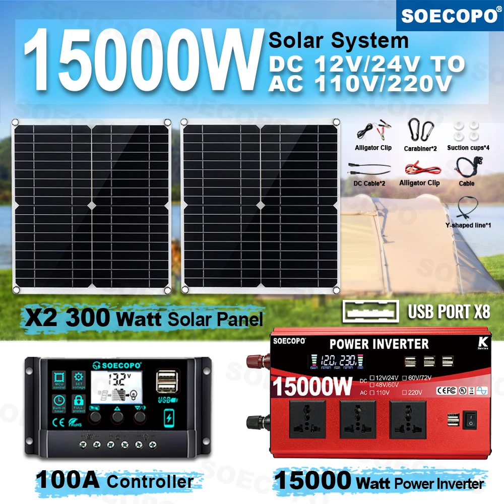 SOECOPO 15000 W Komplettes Sonnensystem-Kit 2 x 300 W Photovoltaik-Panels DC 110 V/220 V Wechselrichter 100 A Controller Balkonkraftanlage