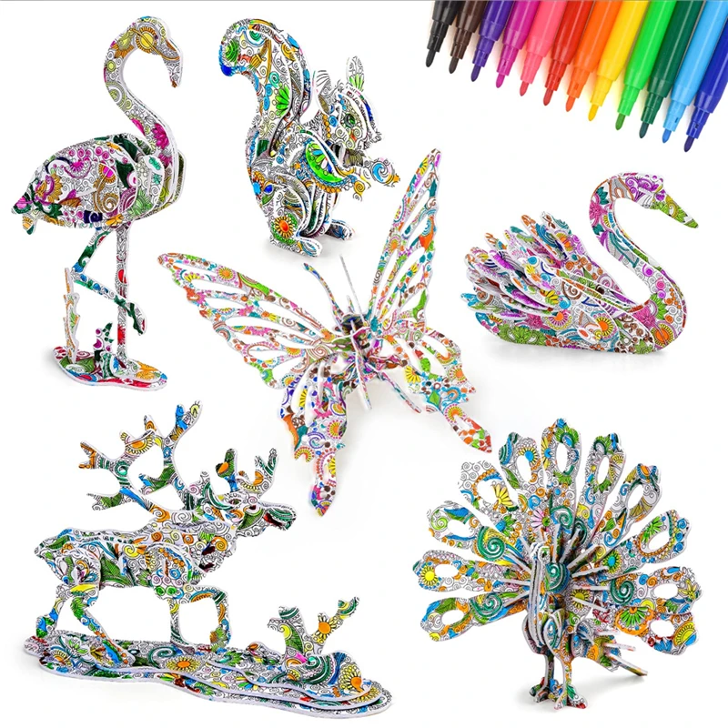 3D Animal Puzzles Dinosaur Insect Kid Learning Model Coloring Set Draw Assembly DIY Jigsaw Puzzle Gife for Children