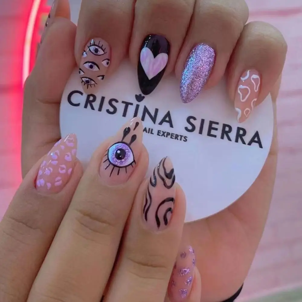 Women DIY False Nails Gold Trimmed French Fake Nials Long Almond Nail Tips Mystery Leopard Detachable Manicure Press on Nails