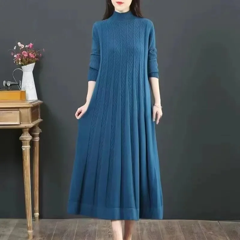 Autumn/Winter Women Knitted Dress 2025 New Solid Loose Pullover Half High Collar Long Knitted Sweater Dress Female High-Quality - Image 4