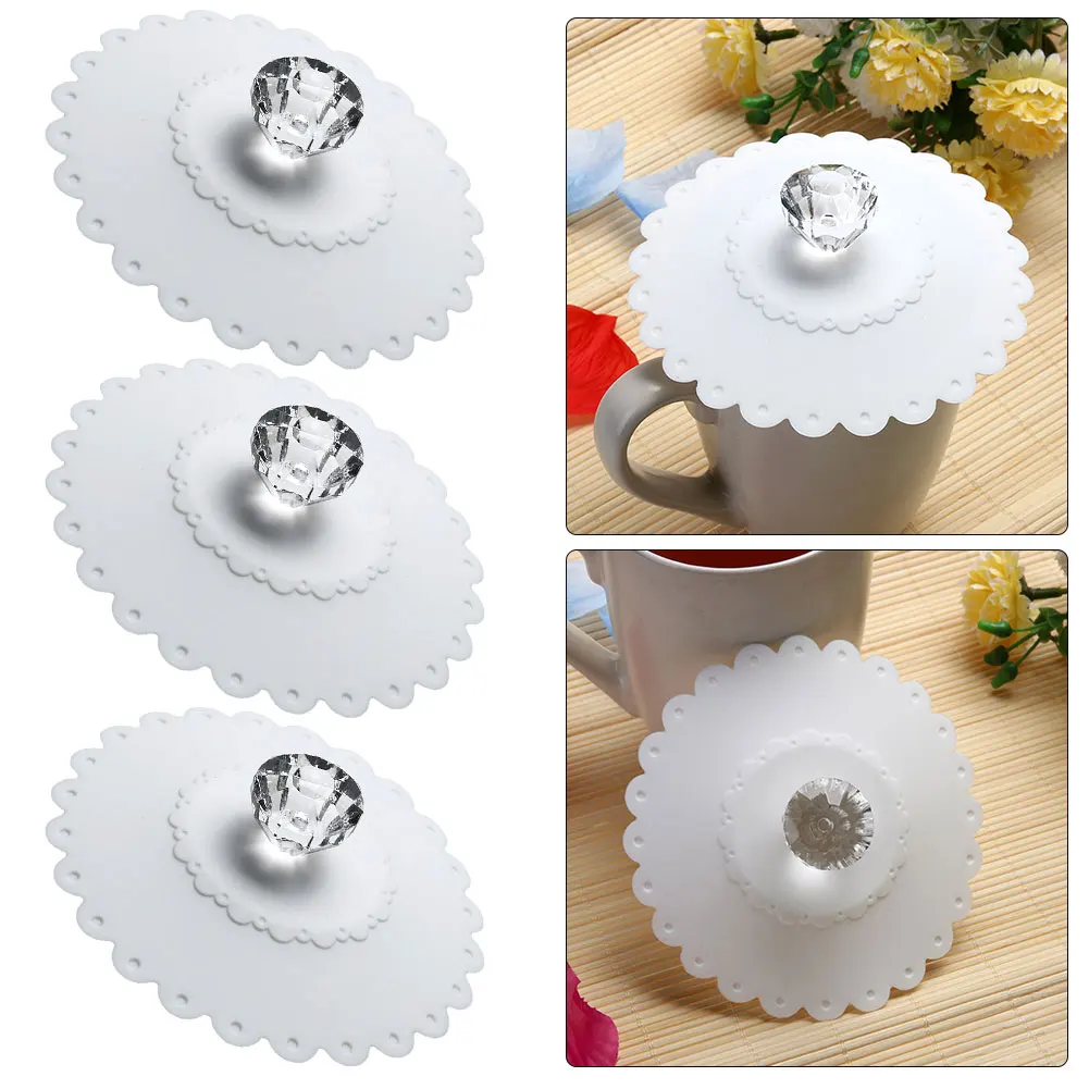 

Комплект из 3 силиконовых крышек для чашек с кружевным узором и стразами, термоизоляционные (белые)