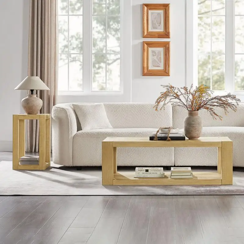 Juego de mesa de centro rectangular moderna de 2 piezas para sala de estar, mesas auxiliares de fácil montaje para dormitorio y oficina, acabado natural