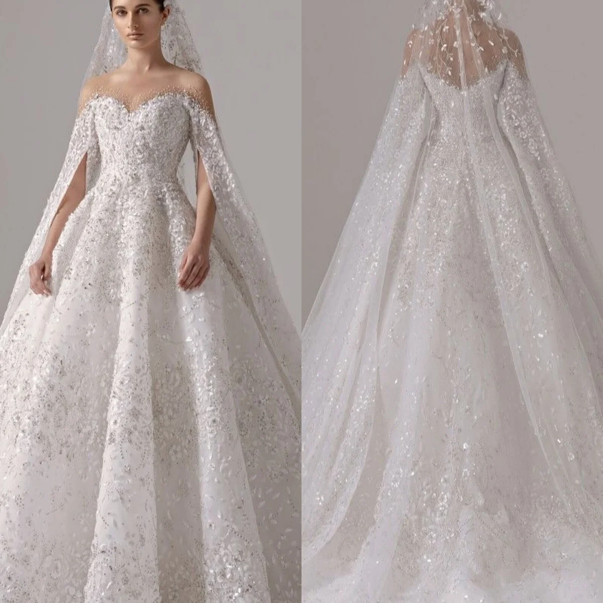 فستان زفاف رسمي فاخر أبيض مخصص قبالة الكتف وأكمام طويلة ذيل شابيل لحفلات الزفاف كريستال زي العرائس