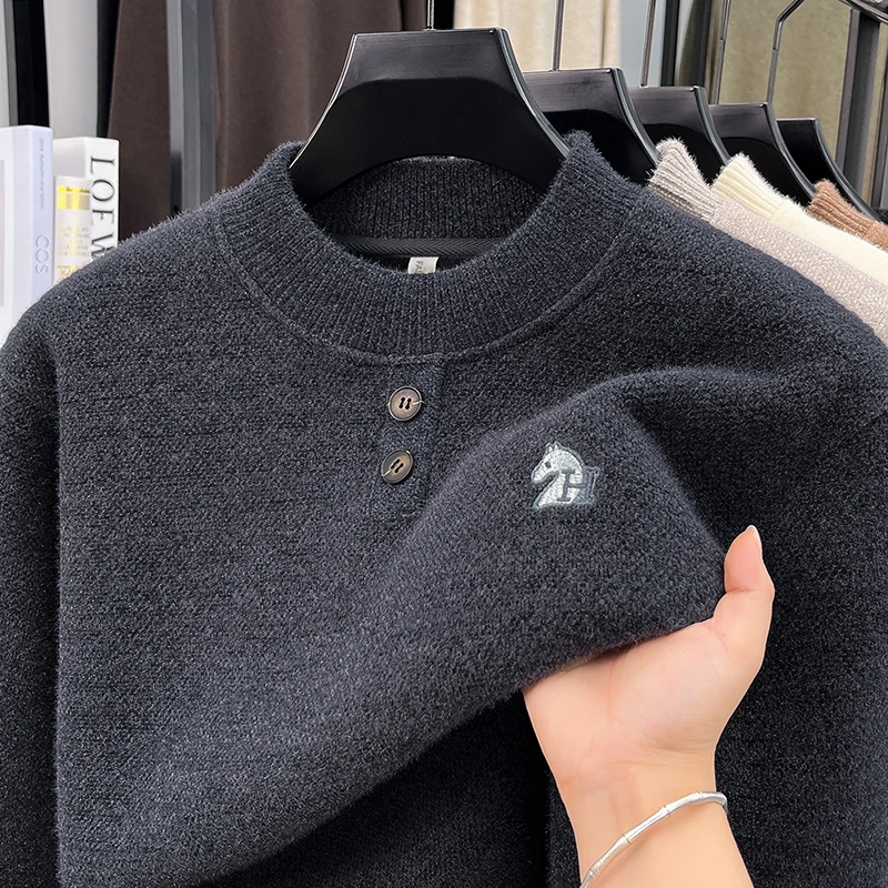 High end Brand embroidered knitted men's sweater new button decoration round neck pullover plush thicken warm autumn winter top