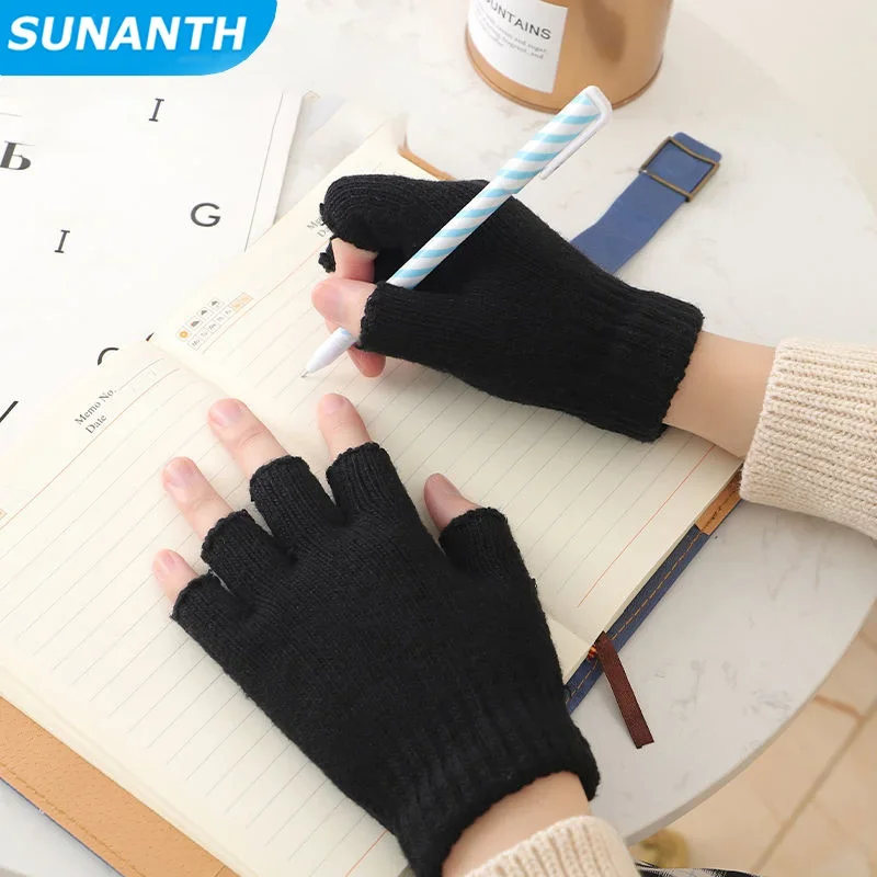 1pair Winter Hot Fashion Short Half Finger Gloves solid color Knit Wrist Stretch Work Gloves for Men Women Cycling Accessories