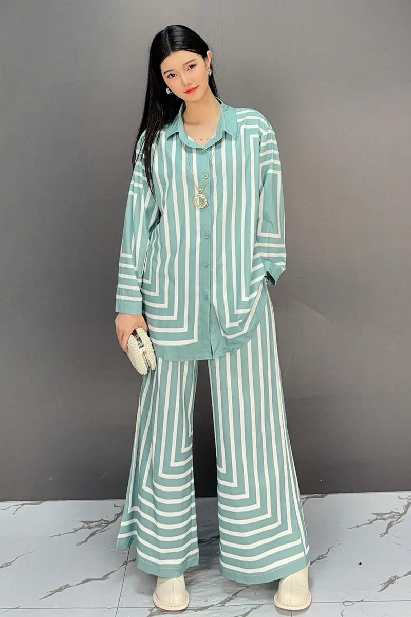 2024 Autumn Trendy Fashion New Striped Pattern Set Female Turn-down Collar Casual Button Loose Pants Women Two Piece Set J478