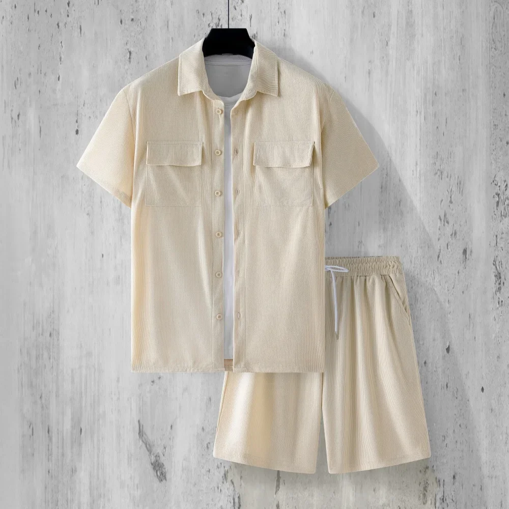 

2025 Summer New Men's Korean Style Fashion Leisure Beach Resort Corduroy Short Sleeve Set with Collar Button Two Piece Set
