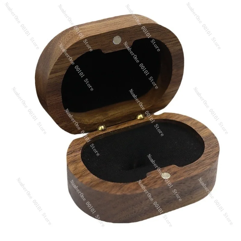 Large Oval Black Walnut Wood Ring Box, Vintage Engagement Proposal Jewelry Case with Engraving for Women Gift