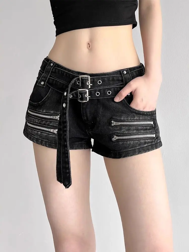 Women's Black Gothic Zipper Cargo Denim Shorts Y2K Harajuku High Street Aesthetic Sexy 2000S Style Vintage Denim Shorts Clothing