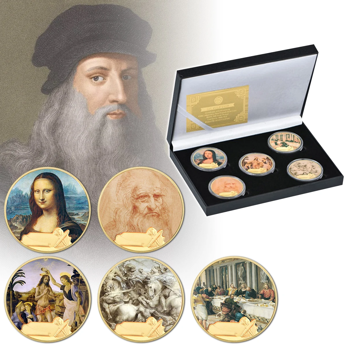 5pcs Da Vinci Paintings Commemorative Coins in Gift Box Collectible Challenge Coins Souvenir Birthday Party Gifts Home Decor