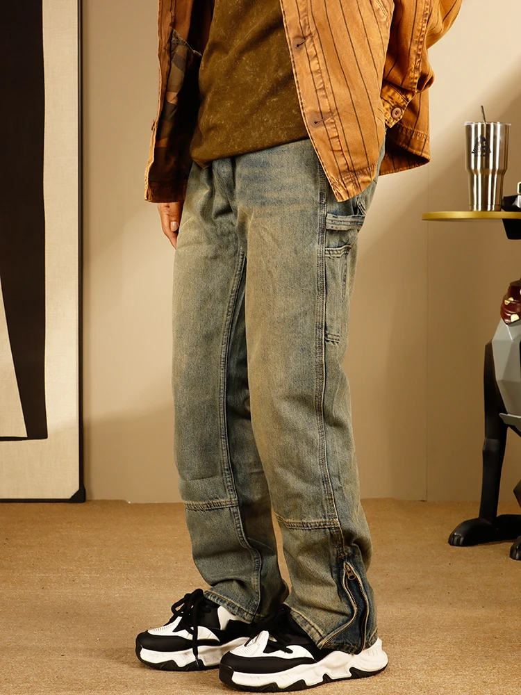 

Retro American Spliced Worn Denim Jeans Men's Trendy Straight Casual Split Zipper Slim Long Pants Youth Casual Faion Jeans