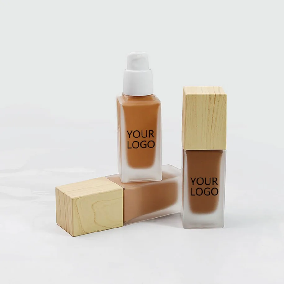 Private Label Vegan 30ml Foundation High End Press Glazen Fles Concealer Hydraterende Crème Houten Dop Langdurig Aangepast Logo