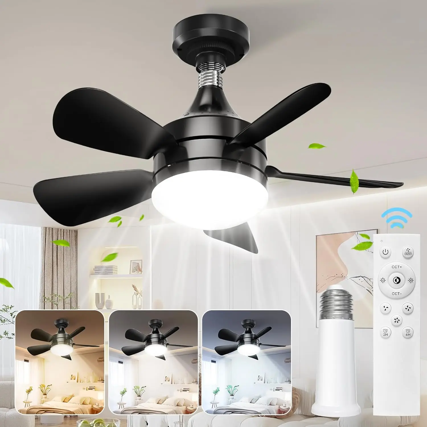 Socket Fan Light With Remote, Screw Ceiling Fans With Lights, E26 Base Light Bulb Fan, 3 Colors 3000K-6500K Dimmable Socket Fan