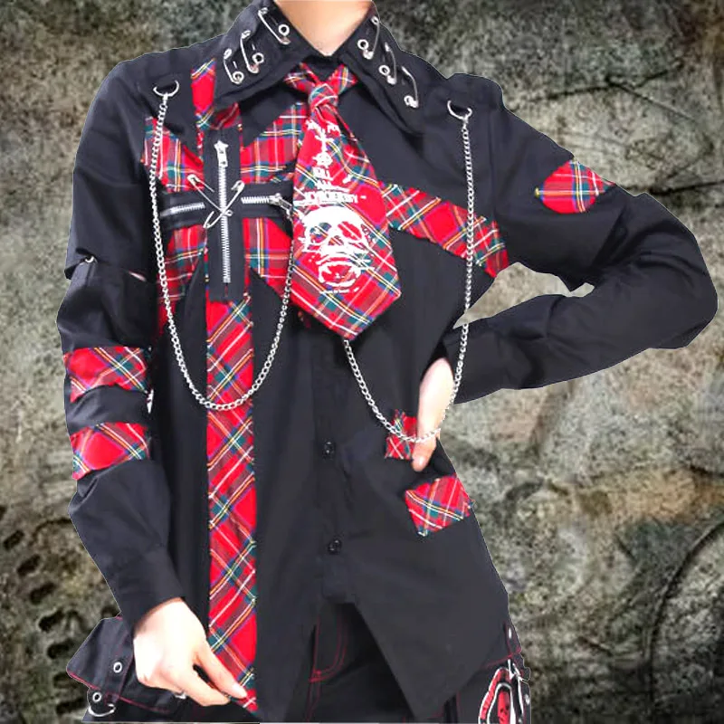 

2024 Japanese Korea Female Kill Matt Rock Punk Mens Clothes Graffiti Skull Rivet Splicing Neutral Shirt top with Tie for Womens