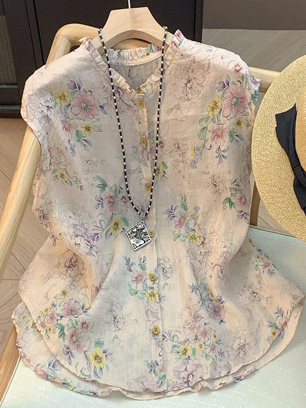 Retro Bluzka z bawełny i lnu w kwiatowy wzór, damska, letnia, w stylu leśnym, artystyczna, luźna, z kołnierzykiem w stylu klapki.