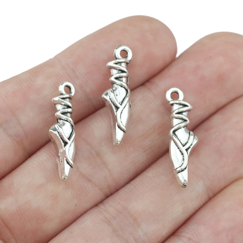 High Quality 20 Pieces/Lot 7mm*24mm Antique Silver Plated Diy Jewelry Making Charms Sports Ballet Toe Shoe Charms