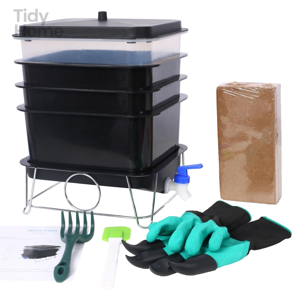 

COMPLETE GARDEN TOOL SET,Worm Farm Composting Bin, 4 Tray Worm Compost Bin- for Recycling Food Waste at Home,Multifunctional