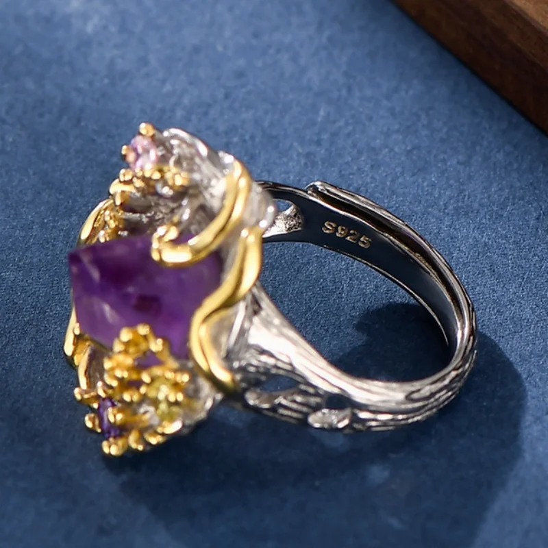 BOCAI S925 Sterling Silver Rings for Women New Fashion Contrast Color Palace Style Irregular Natural Amethyst Jewelry