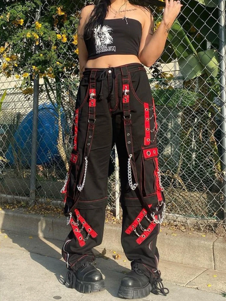 Women Gothic Punk Pants Hip Hop Harajuku Baggy Y2k Cargo Pants Casual Streetwear 90s Wide Leg Retro Low Waist  Women Trousers