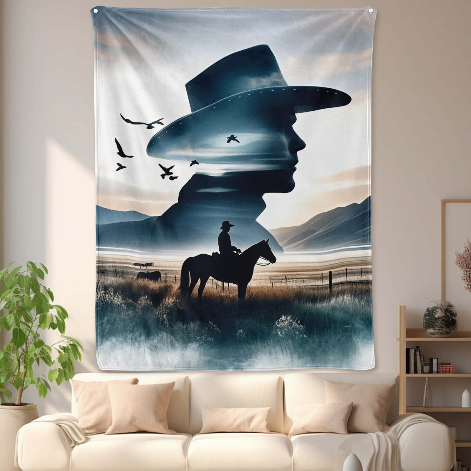 Manta temática Mister Silhouette montando a caballo en la montaña para un espacio de vida elegante y artístico o un acento del dormitorio
