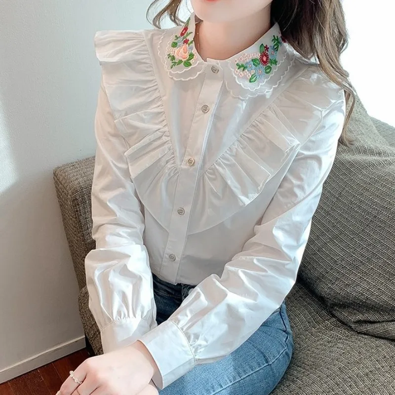 Women\'s Spring Autumn New Shirts Fashion Commute Spliced Ruched Button Peter Pan Collar Long Sleeve Embroidered Solid Blouses