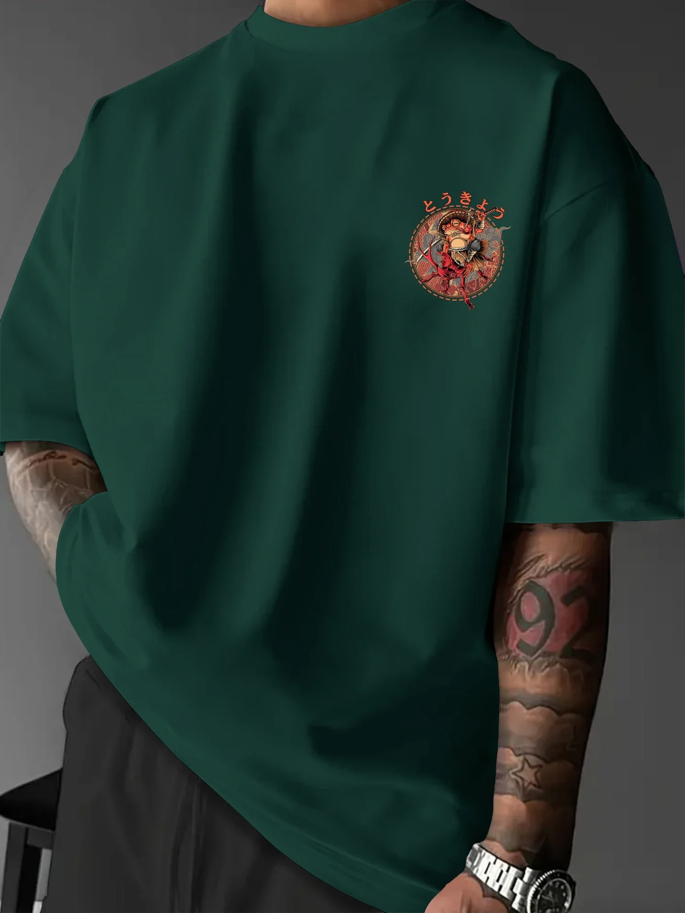 Herren-T-Shirt, Tokyo Frog Samurai Warrior, japanischer Textmusterdruck, Ukiyo-e Streetwear, Alltagskleidung, S-XXL – Detail 9