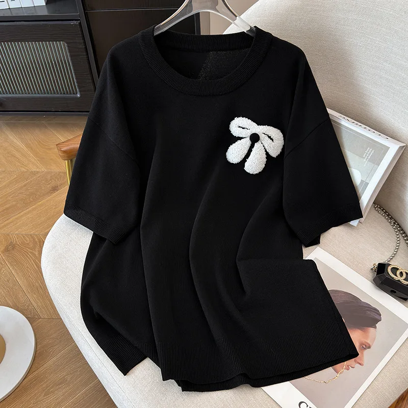 Large Size Women's Summer Clothing Ice Silk Knitted Tops Chubby Female Appears Slim 100/150/175kg Short Sleeved T-shirt 6XL 7XL