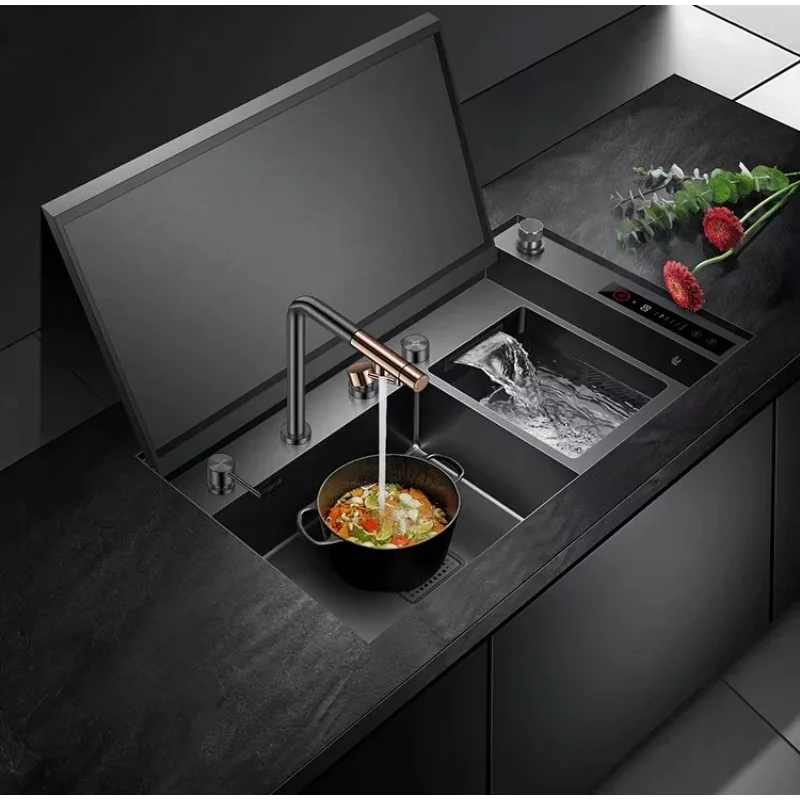 Smart Water Purification Hidden Kitchen Sink 304 Stainless Steel Double Bowl with Integrated Waterfall Faucet p002