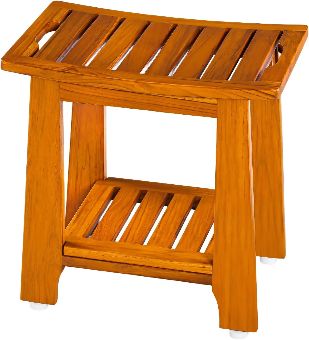 

14" Compact Teak Shower Stool with Shelf & Handle - Waterproof, Non-Slip Bath Bench for Small Spaces, 300 lbs Capacity