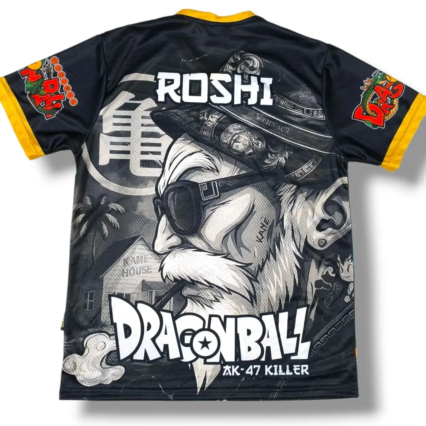 Camiseta Nueva de Maestro Roshi de Dragon Ball Anime para Hombre, Negra y Amarilla, con Retrato de Roshi, Gráfico de Kame House y Kanji, Cuello Redondo, para Fans