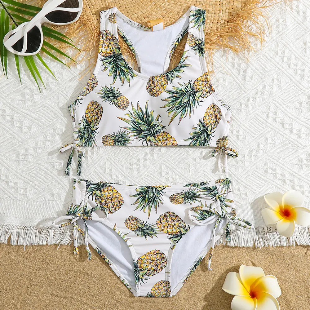 Girls Pineapple Print Bikini Set Swimsuit Kids Racerback Two Piece Children\'s Swimwear 7-14Years Teenager Bathing Suit Beachwear