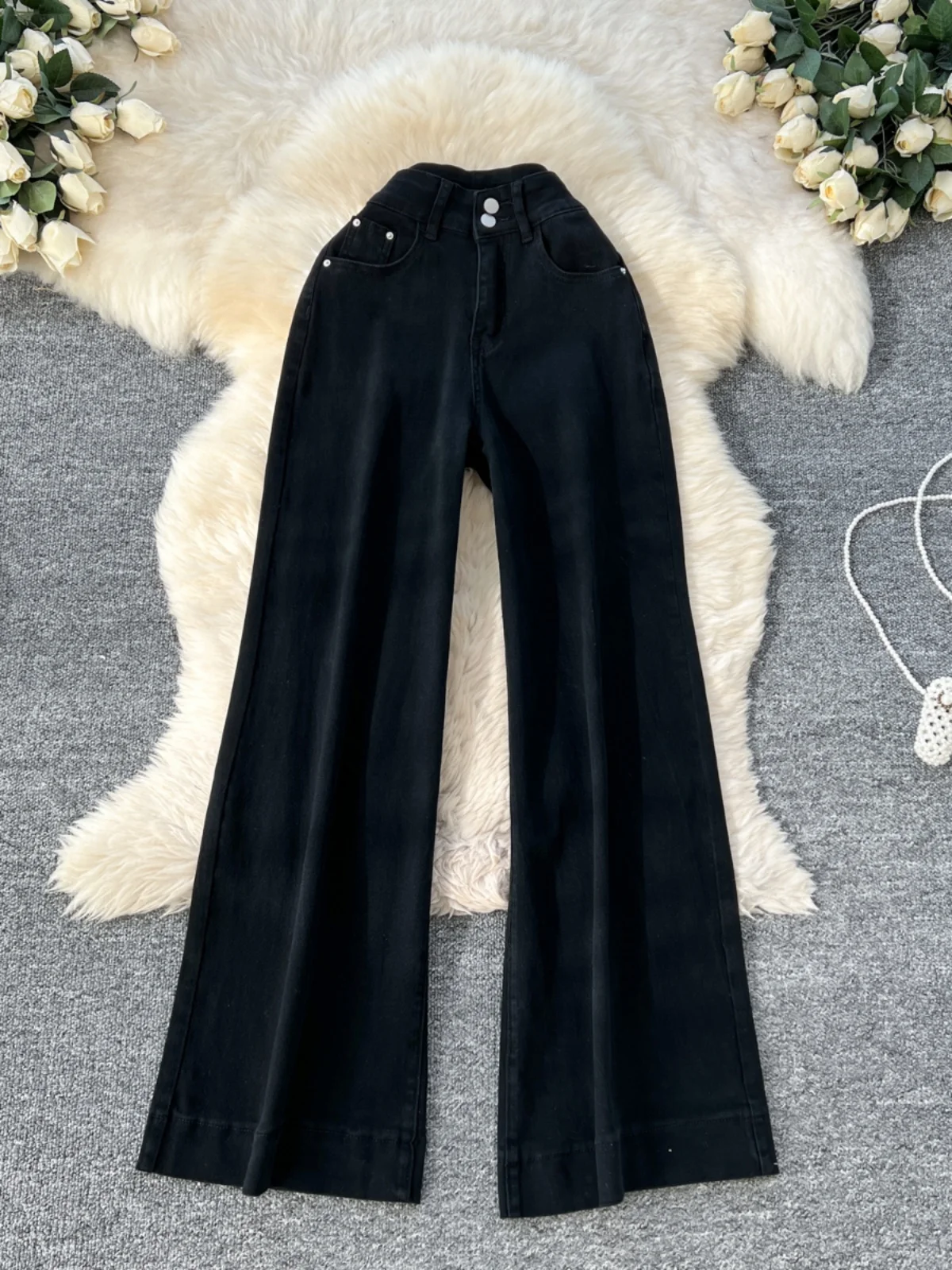 

Джинсы с высокой талией и двумя пуговицами, модные утягивающие свободные широкие брюки, корейские повседневные брюки для женщин