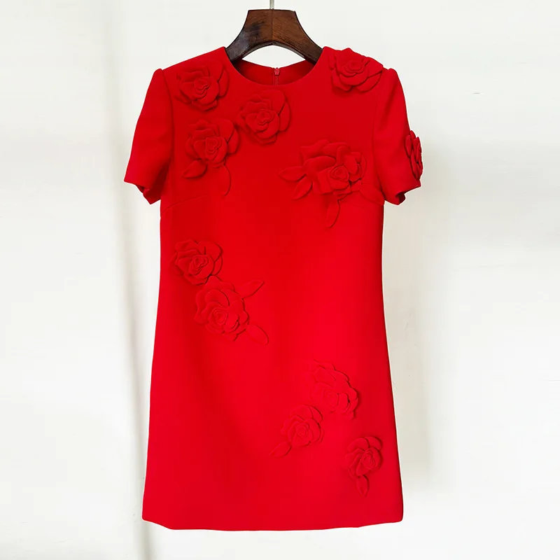 

2024 New Star Fashion Heavy Industry Three Dimensional Flower Short Sleeved Small Dress