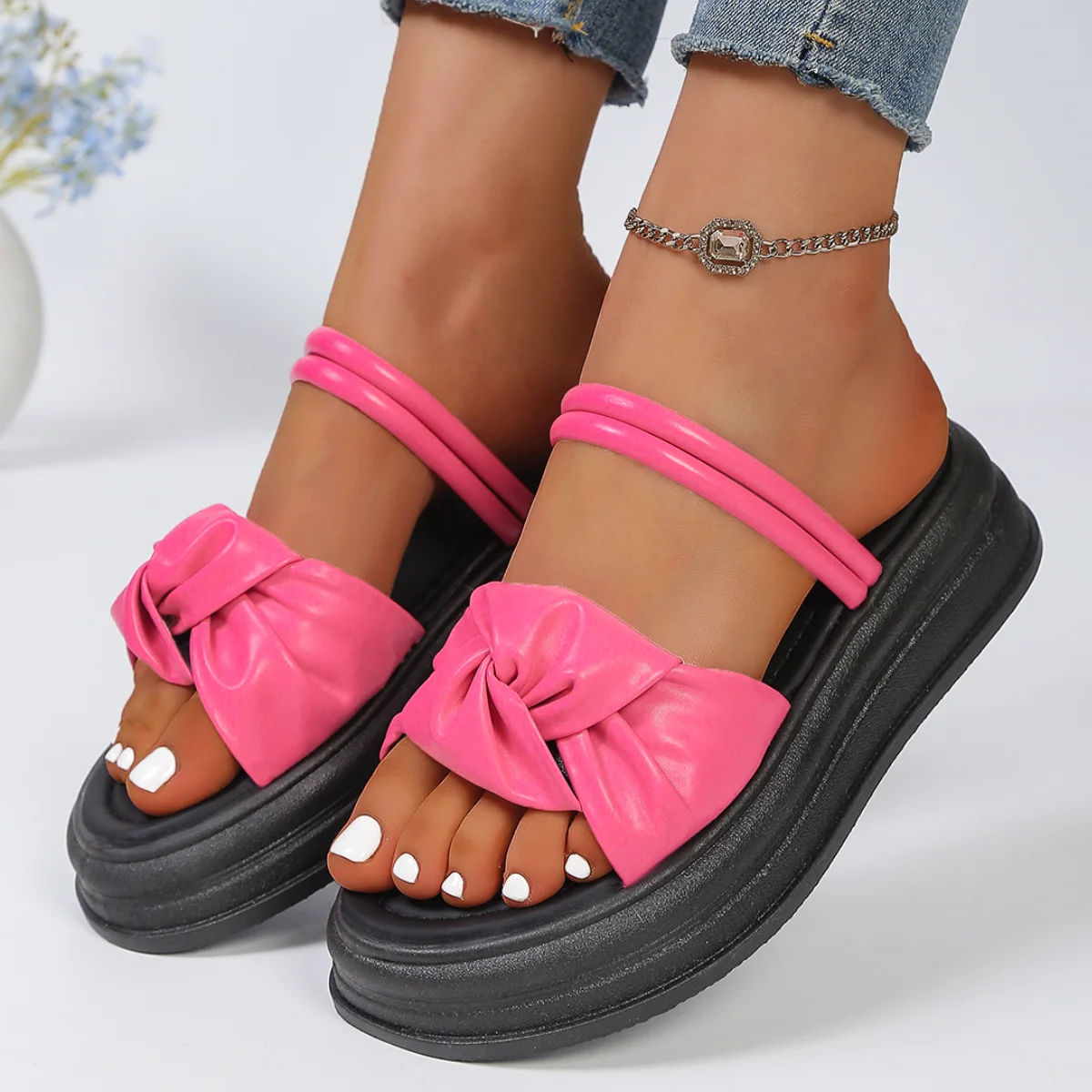 Hot Pink Twisted Knot Slingbacks Wedges Sandals Girls Comfortable Platform Soft Soles Streetwear Slides Women Plus Size Shoes