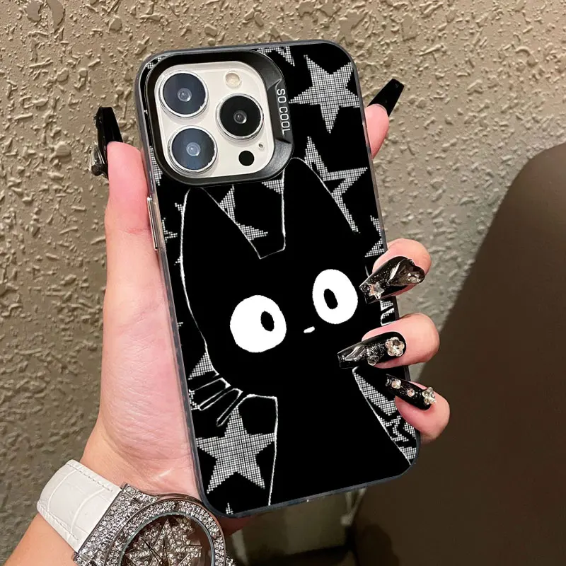 

Cartoon Black Cat And Rabbit Illustration Laser Phone Case For iPhone 14 13 12 Mini 11 Pro Max 16 15 Pro Max Plus Back Covers