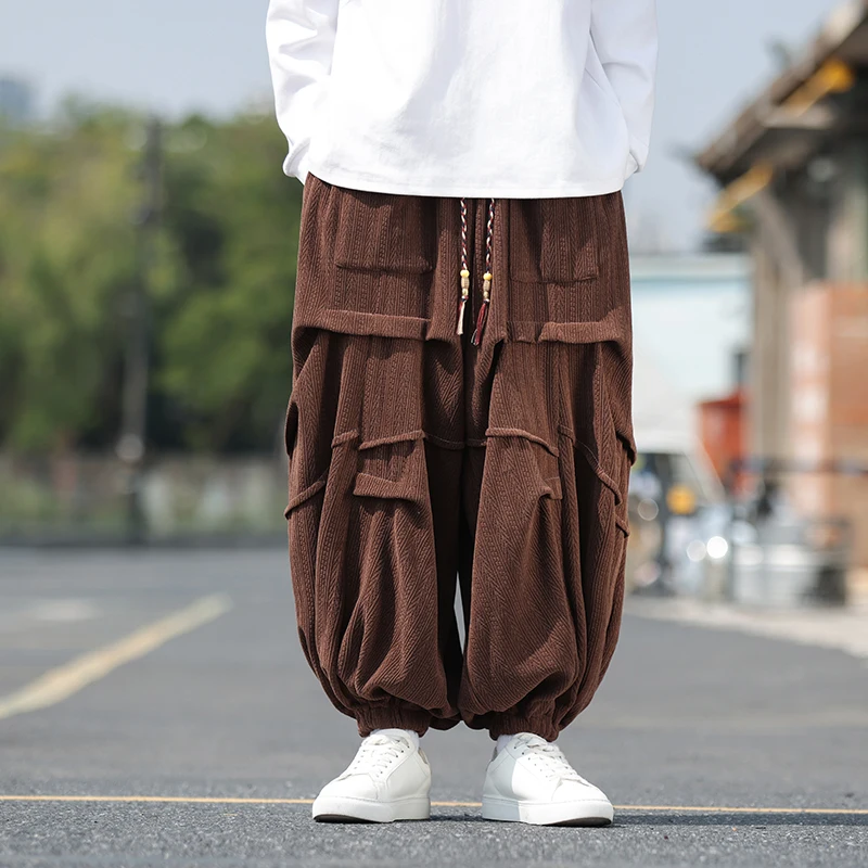 Autumn Vintage Corduroy Wide Leg Pants Men Solid Loose Drawstring Casual Pants Male Harajuku Hip Hop Jogging Streetwear Trousers