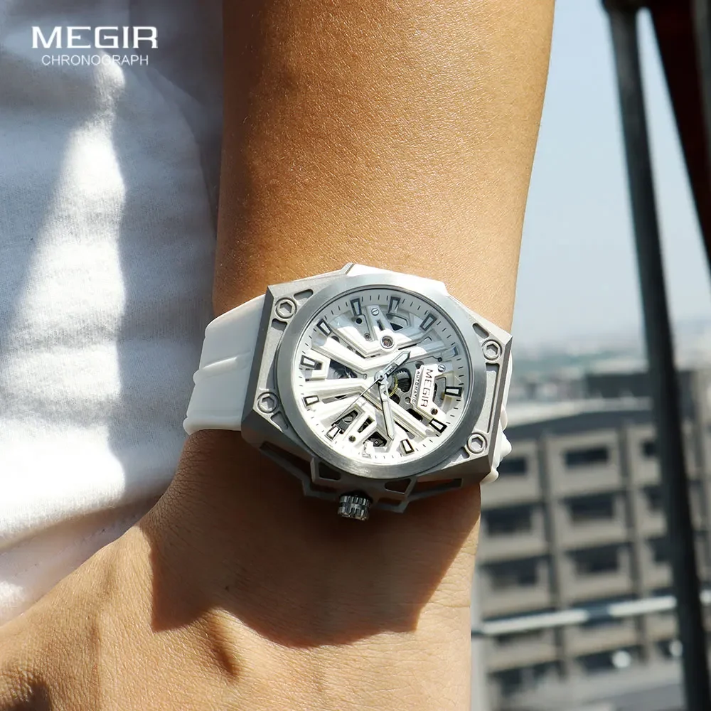 MEGIR Military Sports Automatical Watch Men White Silicone Strap Waterproof Luminous Skeleton Dial Mechanical Wristwatch 8603