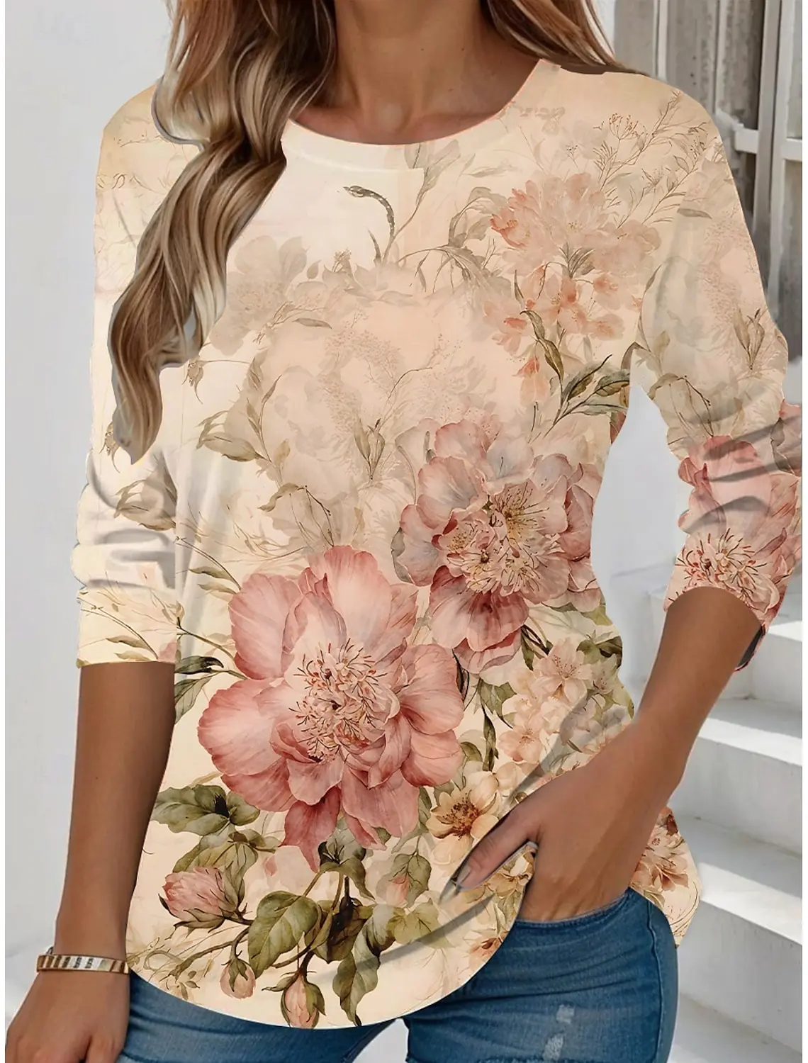 

Summer Fashion Women's Floral Graphic Elegant Round Neck Long Sleeve T-Shirts Y2K Casual Tops Womens Clothing Harajuku Pullover