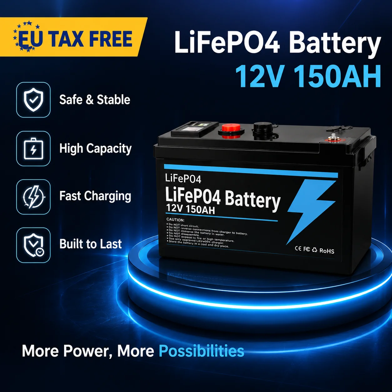 Image of 12V 150Ah LiFePO4 Lithium-Batterie, über 4000 Tiefentladezyklen, wiederaufladbare Speicherbatterie, ideal für Beleuchtung, Power Wheels, Solar-Windenergiesysteme, kleine USV-Notstromversorgung.