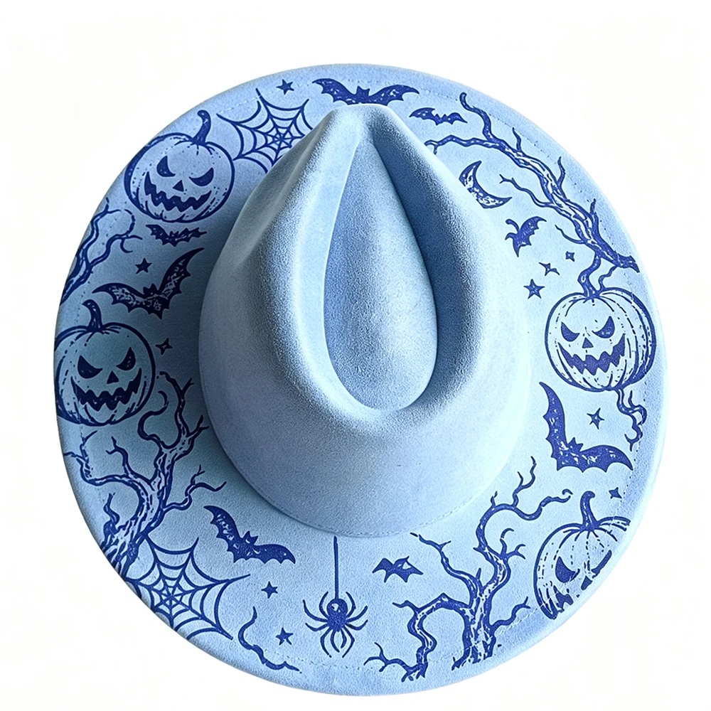 Women Halloween Wide Brim Fedora Hat,Light Blue Pumpkin Bat Spider Print Felt Hat,Party Cosplay Costume Props 56‑58cm Head Circu