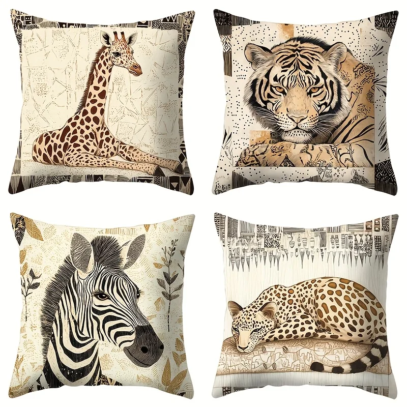 Safari Animals Print Throw Pillow Covers Set of 4 Jungle Wildlife Decorative Accent Cushion Home Decor Bedding