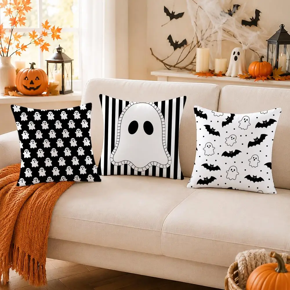 Black White Minimal Ghost Halloween Patterns Cushion Cover Skin-Soft Pillow Cover Festive Home Accent Great Gift for Sofa Bed