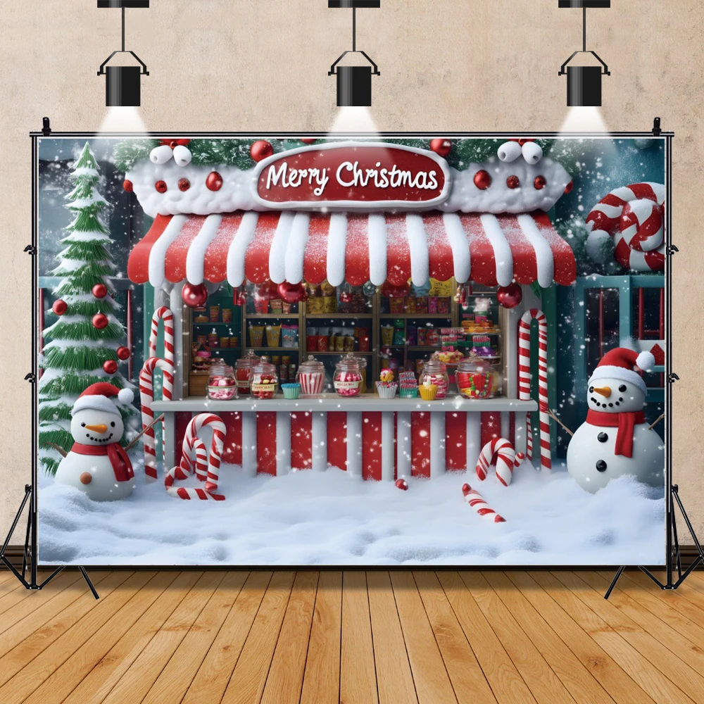 Christmas Shop Window Backdrop Gifts Xmas Tree Winter Street Snowman Red Candy Children Portrait Photography Background Photo Pr