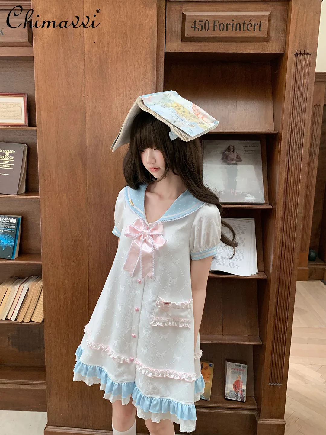 

Japanese Sweet Sailor Collar Polka Dot Bow Loose A-line Babydoll Dress New Spring and Summer Cute Girls Short Lolita Dress