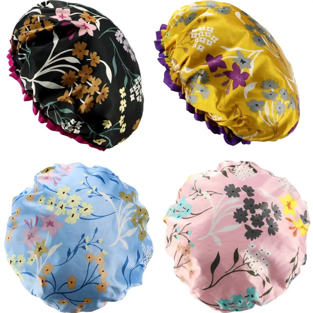 

4 Pcs Reusable Waterproof Shower Hat with PEVA Lining Double Layers Elastic Satin Large Shower Caps Washable Shower Hats for Gir