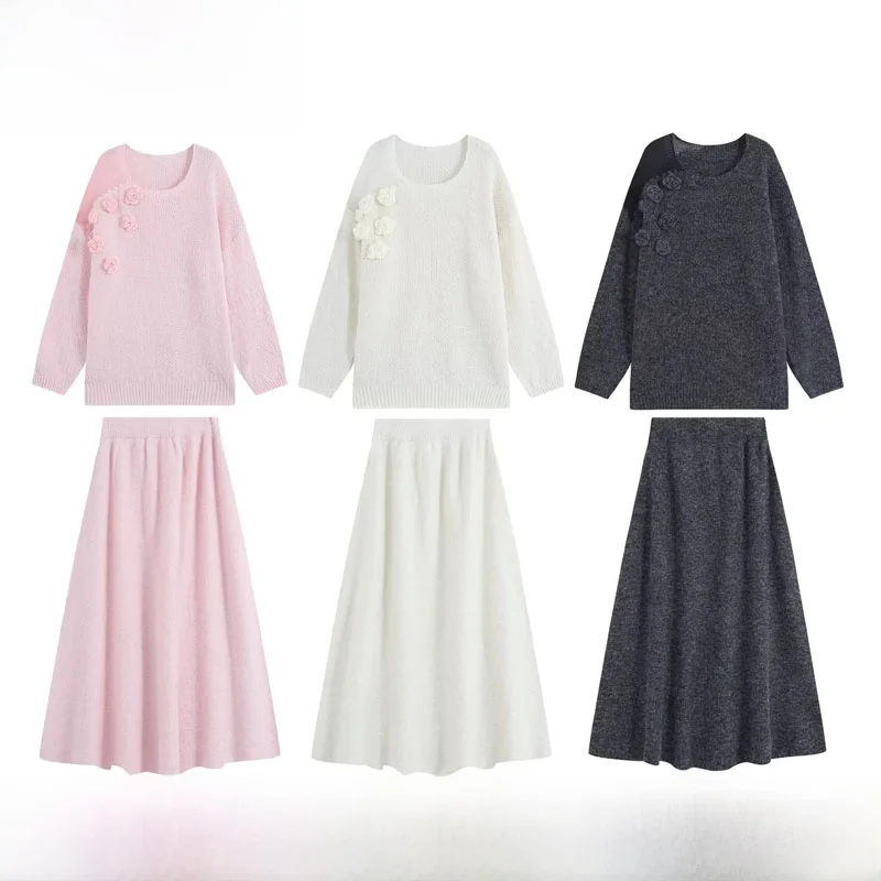 Early Autumn New Fashion ZR Style Women's Knitted Flower Casual Set Simple Matched Long Sleeve Polyester Two-Piece Suit