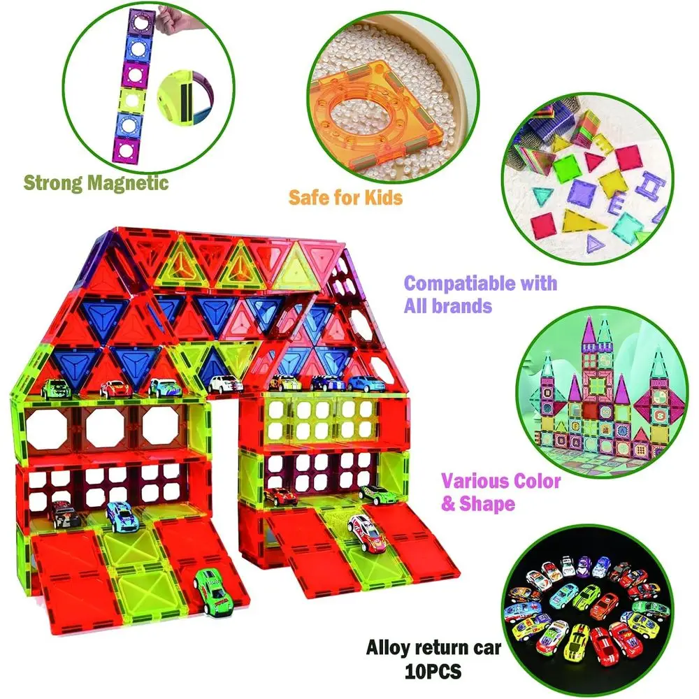 Juego de estacionamiento de azulejos magnéticos STEM Learning con 10 coches de metal para juegos de construcción para niños, regalo ideal para edades de 3 a 8 años