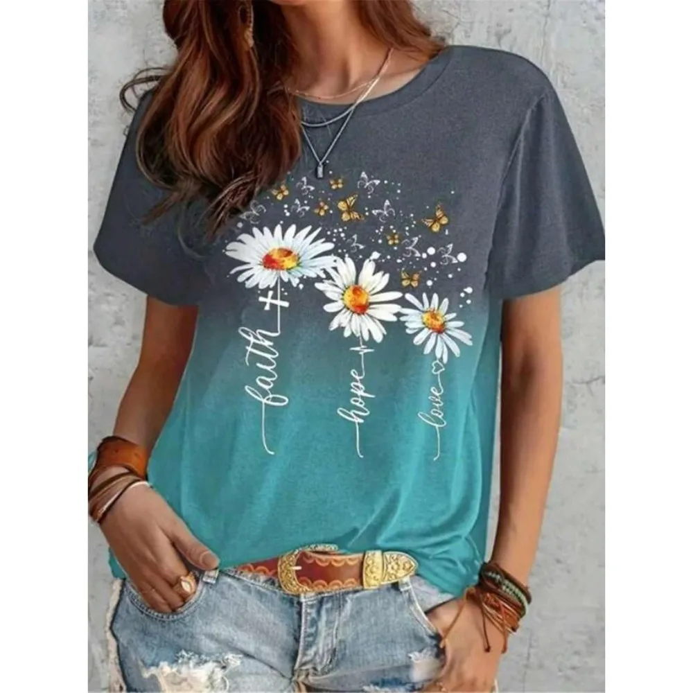 

Summer Retro Flower Print T Shirt Fashion T Shirt Casual Tee Tops Stylish Female Short Sleeve Trend T-Shirt Girl Oversize Tops