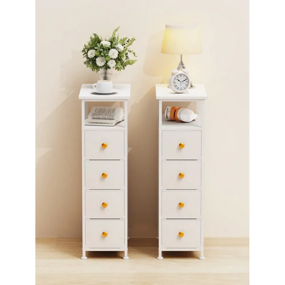 

Set Of 2, End Table Bedroom, Small 4 Fabric Drawer Nightstand, Thin Couch Side End Table, Skinny Bedside Table Small Spaces, Mo