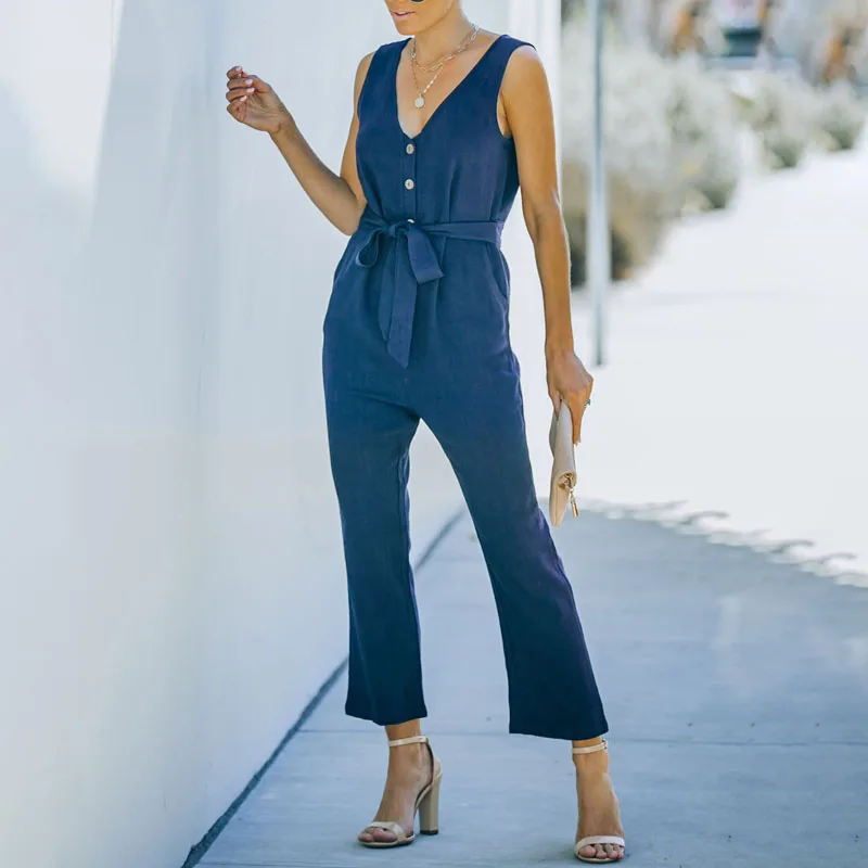 

Summer European and American women's fashion solid color v-neck sleeveless waistband overalls jumpsuit